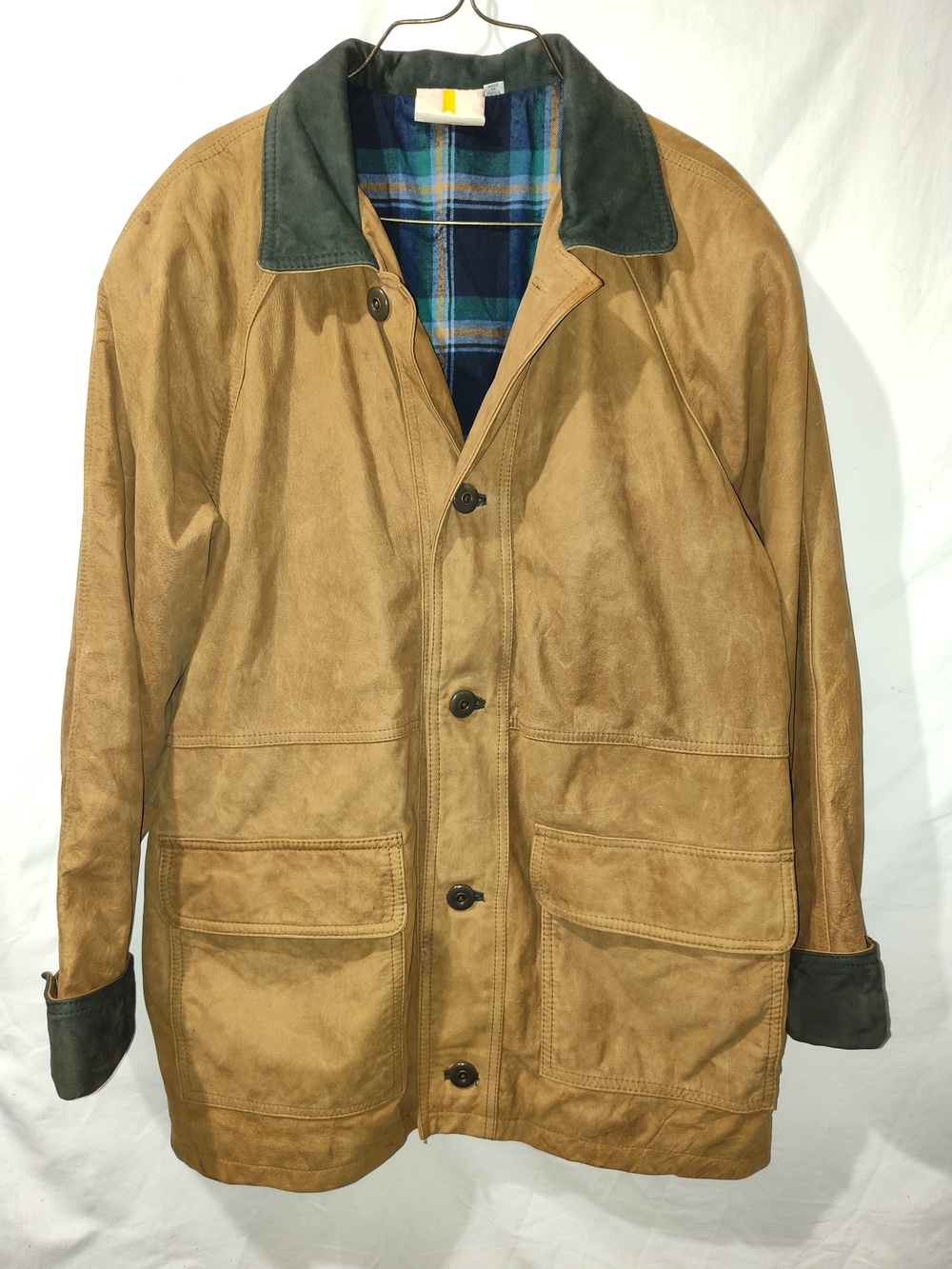 Men's Tan Suede Coat with Dark Green Collar
